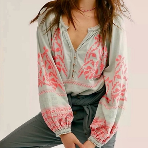 Free People Persuasion Mint Pink Embroidered Oversized Puff Sleeve Tunic… - Picture 11 of 11